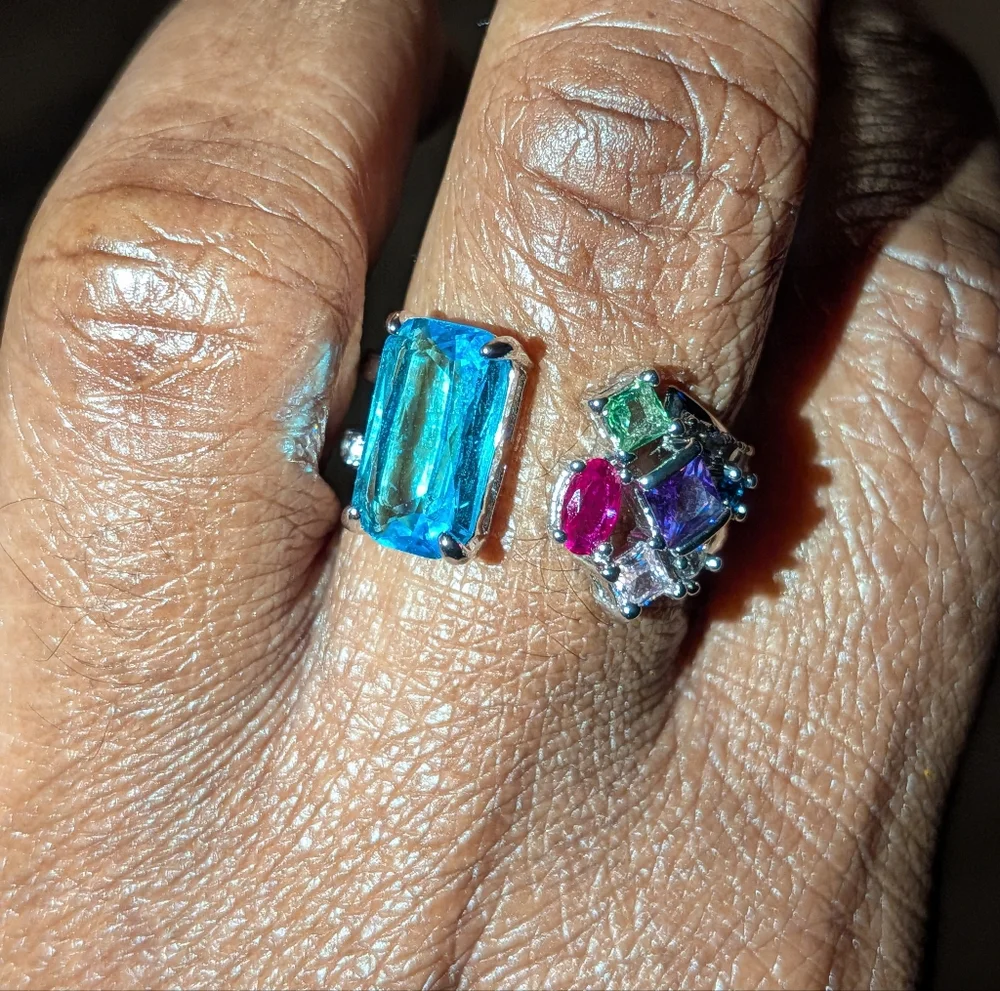 Vibrant Silvery Multi-Gemstone Open Resizable Ring